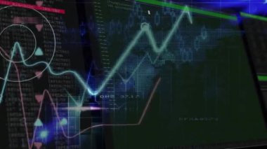 Dünya haritasında finansal veri işleme animasyonu. Dijital olarak oluşturulan küresel ağlar, hesaplama ve veri işleme kavramı.