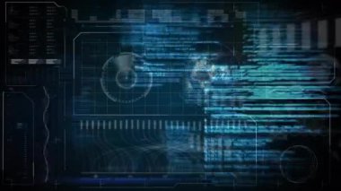 Bilgisayar dilinin dünya üzerindeki animasyonu, radar ve grafikler siyah arkaplana karşı. Dijital olarak üretilmiş, hologram, illüstrasyon, rapor, iş dünyası, sonar, kodlama ve teknoloji kavramı.