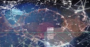 Veri işleme ve bağlantıları olan yerkürenin animasyonu. Küresel ağlar, dijital arayüz ve dijital olarak oluşturulan veri işleme konsepti.