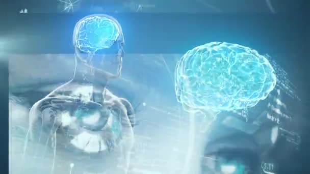 Animacja Przetwarzania Danych Nad Wirującym Mózgiem Człowiekiem Niebieskim Tle Koncepcja — Wideo stockowe