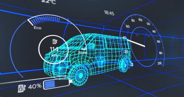 デジタルインターフェイスとデータ処理と車の3Dモデルのアニメーション グローバル電気自動車業界 ビジネス コンピューティング データ処理の概念デジタル生成ビデオ — ストック動画