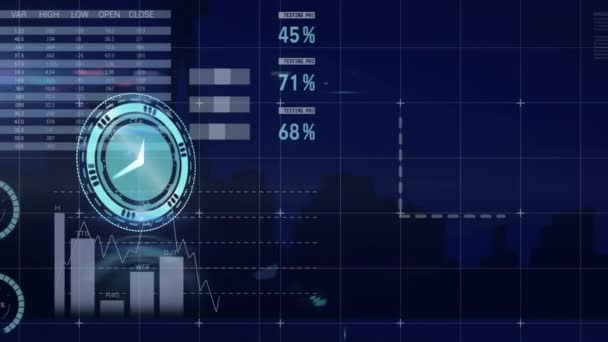 Animación Del Reloj Marcando Sobre Procesamiento Datos Negocios Globales Finanzas — Vídeos de Stock
