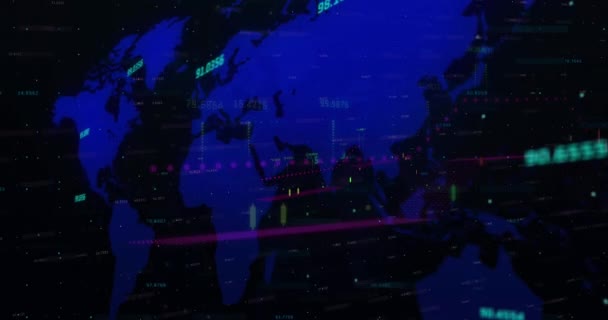 Dünya Haritasında Finansal Veri Işleme Animasyonu Küresel Finans Hesaplama Veri — Stok video
