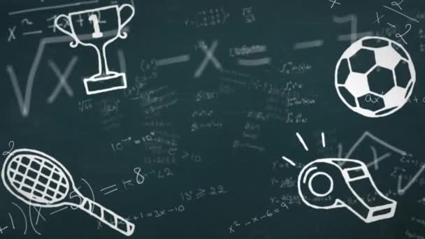Animación Ecuaciones Matemáticas Sobre Íconos Artículos Escolares Concepto Educación Global — Vídeos de Stock
