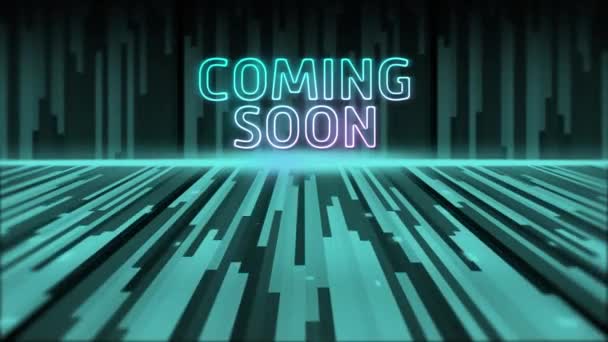 Animacja Nadchodzącego Wkrótce Neonowego Tekstu Nad Zielonymi Ścieżkami Świetlnymi Globalna — Wideo stockowe