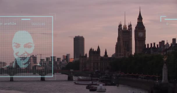 Animación Del Procesamiento Datos Financieros Sobre Foto Biométrica Paisaje Urbano — Vídeo de stock