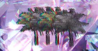 Parlayan kristallerin üzerinde hareket eden palmiye ağaçlarının animasyonu. Soyut arkaplan, şablon ve hareket kavramı dijital olarak oluşturuldu.