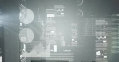 Gri arka planda finansal veri işleme animasyonu. Küresel iş, finans, hesaplama ve veri işleme kavramı dijital olarak oluşturulmuş video.
