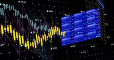 Ekranlarda finansal veri işleme animasyonu. Küresel ağlar, işletmeler, finansmanlar, hesaplama ve veri işleme kavramı dijital olarak oluşturuldu.