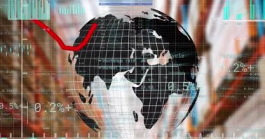 Tüm dünyada ve depoda finansal veri işleme animasyonu. Küresel ağlar, işletmeler, finansmanlar, hesaplama ve veri işleme kavramı dijital olarak oluşturuldu.