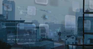 Şehir manzarası üzerinde finansal veri işleme animasyonu. Küresel iş, finans, dijital arayüz, hesaplama ve veri işleme kavramı dijital olarak oluşturuldu.