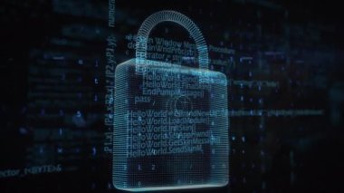 Siyah arka planda asma kilit ve veri işleme animasyonu. Dijital olarak oluşturulan küresel çevrimiçi güvenlik, iş, finans, bilgisayar ve veri işleme kavramı.