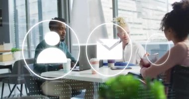 Animation of icons and data processing over diverse business people in office. Global business, finances, computing and data processing concept digitally generated video.