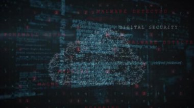 Siyah arka planda asma kilit ve veri işleme animasyonu. Dijital olarak oluşturulan küresel çevrimiçi güvenlik, iş, finans, bilgisayar ve veri işleme kavramı.