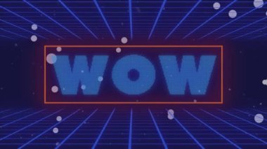 Mavi arkaplan üzerinde wow metin animasyonu. Dijital olarak oluşturulmuş küresel video oyunu, sosyal medya, hesaplama ve veri işleme kavramı.