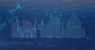 Animation of financial data processing over blue background. Global business, finances, computing and data processing concept digitally generated video.