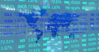 Animation of financial data processing over world map. Global business, finances, computing and data processing concept digitally generated video.