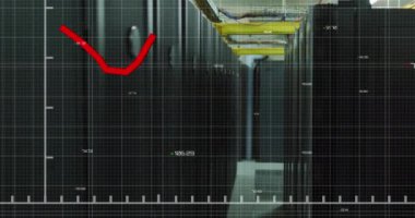 Bilgisayar sunucularında kırmızı çizgi ve finansal veri işleme animasyonu. Küresel iş, finans, hesaplama ve veri işleme kavramı dijital olarak oluşturulmuş video.