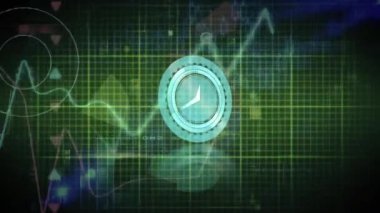 Veri işleme ve dünya haritası üzerinden hareket eden saatin animasyonu. Küresel iş ve dijital arayüz kavramı dijital olarak oluşturulmuş video.