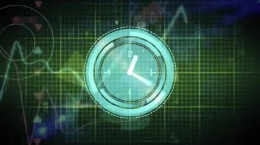 Veri işleme üzerinde saat ve kardiyograf animasyonu. Küresel iş ve dijital arayüz kavramı dijital olarak oluşturulmuş video.