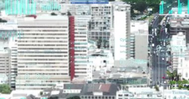 Animation of financial data processing over cityscape. Global business, finances, computing and data processing concept digitally generated video.