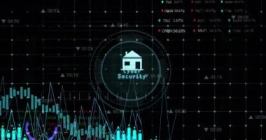 Siyah arkaplan üzerinde asma kilit dijital simge ve veri işleme animasyonu. Küresel bulut hesaplama, dijital arayüz ve veri işleme kavramı dijital olarak oluşturulmuş video.