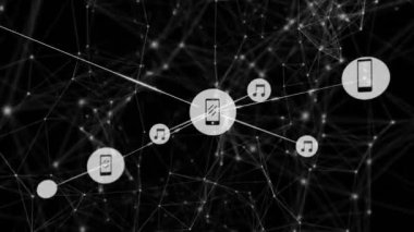 Siyah arkaplan üzerindeki simgelerle bağlantı ağının animasyonu. Küresel ağlar, iş dünyası, finans, bulut hesaplama ve veri işleme kavramı dijital olarak oluşturulmuş video.