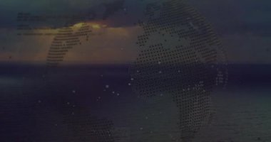 Şehir manzarası üzerinde küresel ve finansal veri işleme animasyonları. Küresel iş, finans, dijital arayüz, hesaplama ve veri işleme kavramı dijital olarak oluşturuldu.