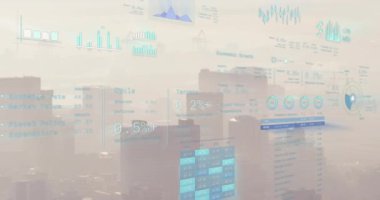 Animation of financial data processing over cityscape. Global business, finances, computing and data processing concept digitally generated video.