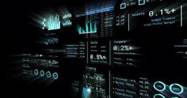 Siyah arkaplandaki rakamlarla finansal veri işleme animasyonu. Küresel ağlar, işletmeler, finansmanlar, hesaplama ve veri işleme kavramı dijital olarak oluşturuldu.