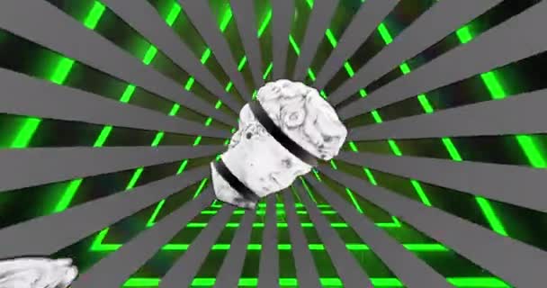 Animacja Zabytkowych Plasterków Rzeźb Głowy Nad Neonowym Tunelem Czarnym Tle — Wideo stockowe