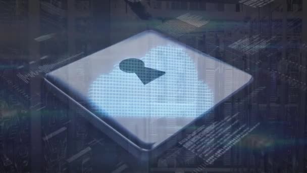 コンピュータサーバー上の南京錠とデータ処理のアニメーション グローバルオンラインセキュリティ ビジネス コンピューティング データ処理の概念デジタル生成ビデオ — ストック動画