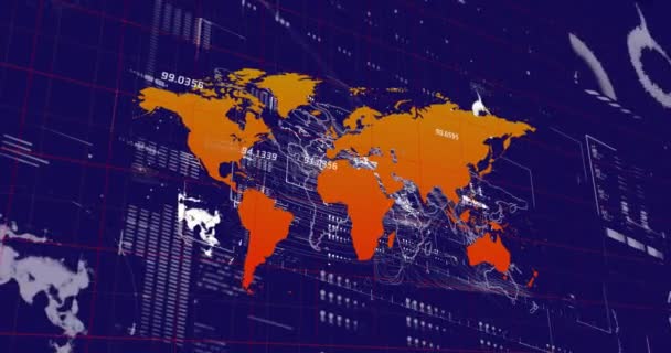 Animation World Map Interface Data Processing Blue Background Globális Hálózatépítés — Stock videók