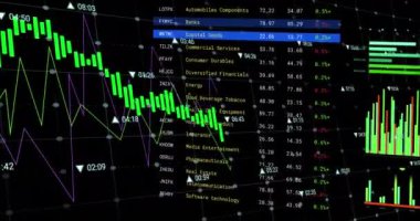 Siyah arkaplanda finansal veri işleme animasyonu. Küresel ağlar, işletmeler, finansmanlar, hesaplama ve veri işleme kavramı dijital olarak oluşturuldu.