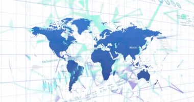 Animation of financial data processing over world map. Global business, finances, computing and data processing concept digitally generated video.