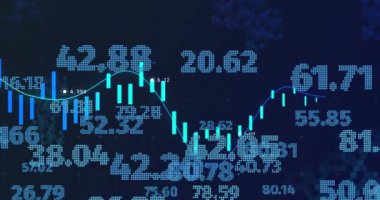 Mavi arkaplandaki rakamlarla finansal veri işleme animasyonu. Küresel ağlar, işletmeler, finansmanlar, hesaplama ve veri işleme kavramı dijital olarak oluşturuldu.