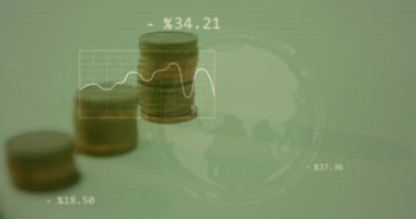 Madeni paralar yerine finansal verilerin animasyonu. Küresel iş, finans, hesaplama ve veri işleme kavramı dijital olarak oluşturulmuş video.