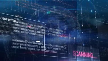 Siyah zemin üzerinde veri işleme üzerine dünya haritası ve yerkürenin animasyonu. Küresel iş ve dijital arayüz kavramı dijital olarak oluşturulmuş video.