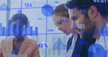 Animation of statistical data processing over caucasian man using laptop at office. Business data technology concept