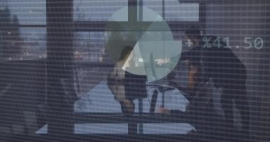 Animation of financial data processing over diverse business people in office. Global business, finances, computing and data processing concept digitally generated video.