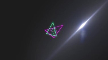 Parlayan yeşil ve pembe neon üçgenlerin kusursuz döngüdeki animasyonu. Soyut, renkli ve şablon konsepti dijital olarak oluşturulmuş video.