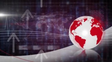 Veri işleme, küre ve dünya haritası üzerinde ok ve kardiyograf animasyonu. Küresel iş ve dijital arayüz kavramı dijital olarak oluşturulmuş video.