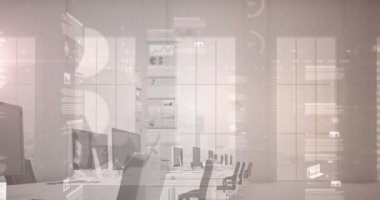 Ofisteki masaların üzerinde finansal veri işleme animasyonu. Küresel iş, finans, hesaplama ve veri işleme kavramı dijital olarak oluşturulmuş video.