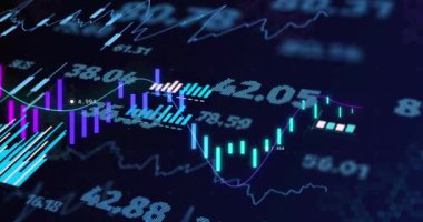 Siyah arkaplandaki rakamlarla finansal veri işleme animasyonu. Küresel ağlar, işletmeler, finansmanlar, hesaplama ve veri işleme kavramı dijital olarak oluşturuldu.