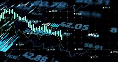 Siyah arkaplandaki rakamlarla finansal veri işleme animasyonu. Küresel ağlar, işletmeler, finansmanlar, hesaplama ve veri işleme kavramı dijital olarak oluşturuldu.