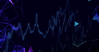 Siyah arkaplan üzerinden finansal veri işleme animasyonu. Küresel ağlar, işletmeler, finansmanlar, hesaplama ve veri işleme kavramı dijital olarak oluşturuldu.