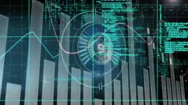 Mali veri işleme animasyonunun geri sayımla birlikte taranması. Küresel iş, finans, hesaplama ve veri işleme kavramı dijital olarak oluşturulmuş video.