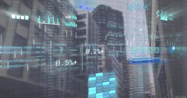 Animation of financial data processing over cityscape. Global business, finances, computing and data processing concept digitally generated video.