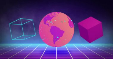 Siyah arkaplanda hareket eden küplerin ve kürenin animasyonu. Soyut arkaplan ve şablon kavramı dijital olarak oluşturuldu.