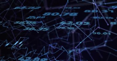 Siyah arkaplan üzerinden finansal veri işleme ve ağların animasyonu. Küresel ağlar, işletmeler, finansmanlar, hesaplama ve veri işleme kavramı dijital olarak oluşturuldu.
